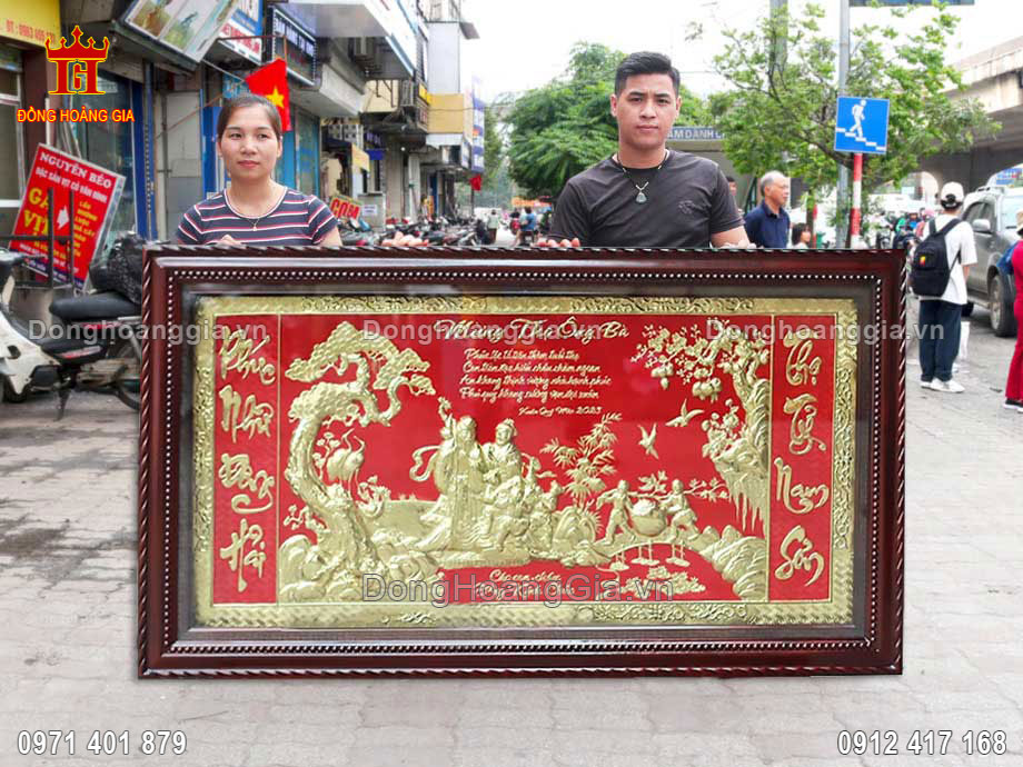 Tranh đồng mừng thọ &ocirc;ng b&agrave; bằng đồng mạ v&agrave;ng 24K tuyệt đẹp